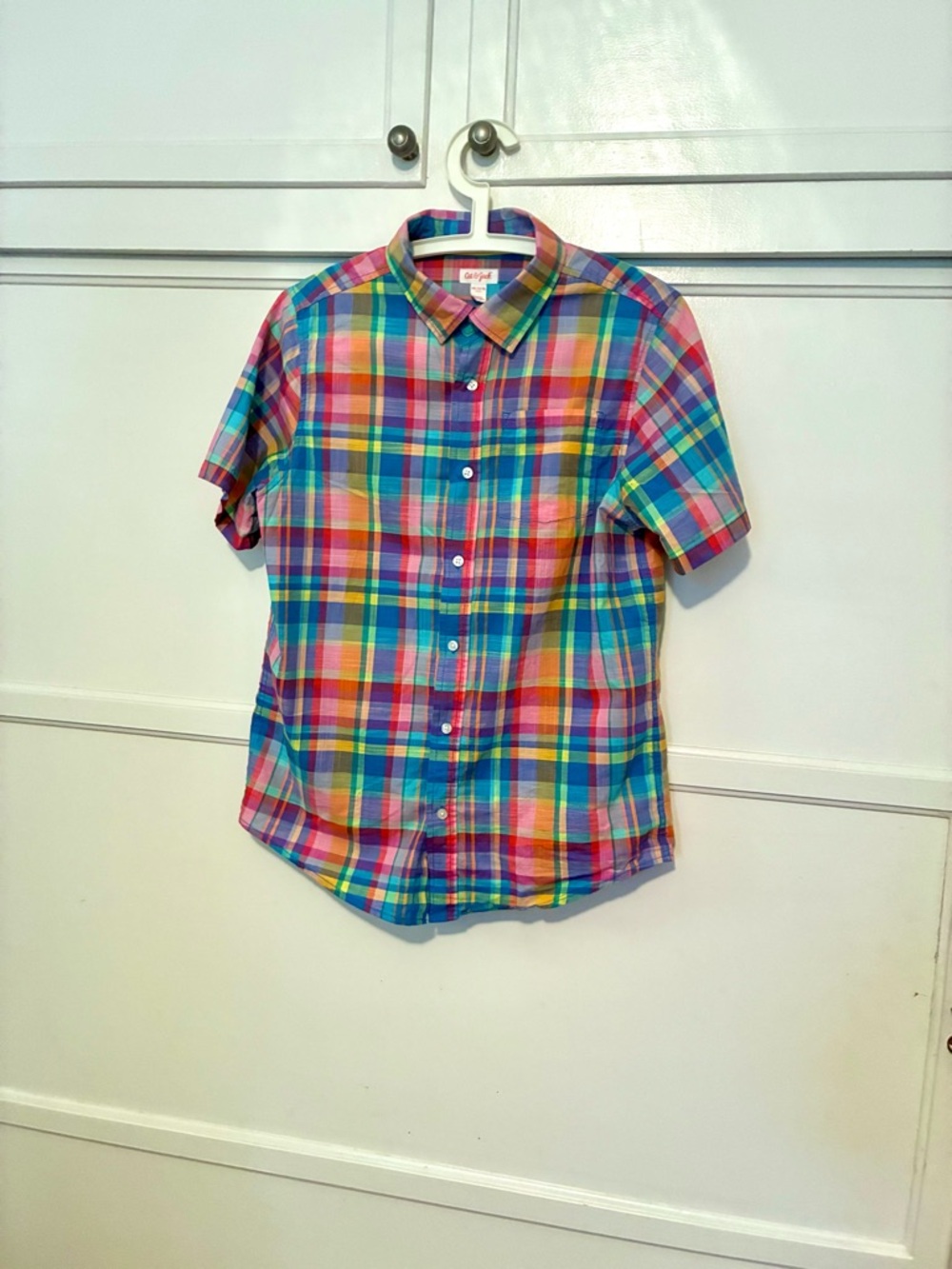 Kids Short-Sleeve Multicolor Rainbow Plaid Button Up Cotton Shirt